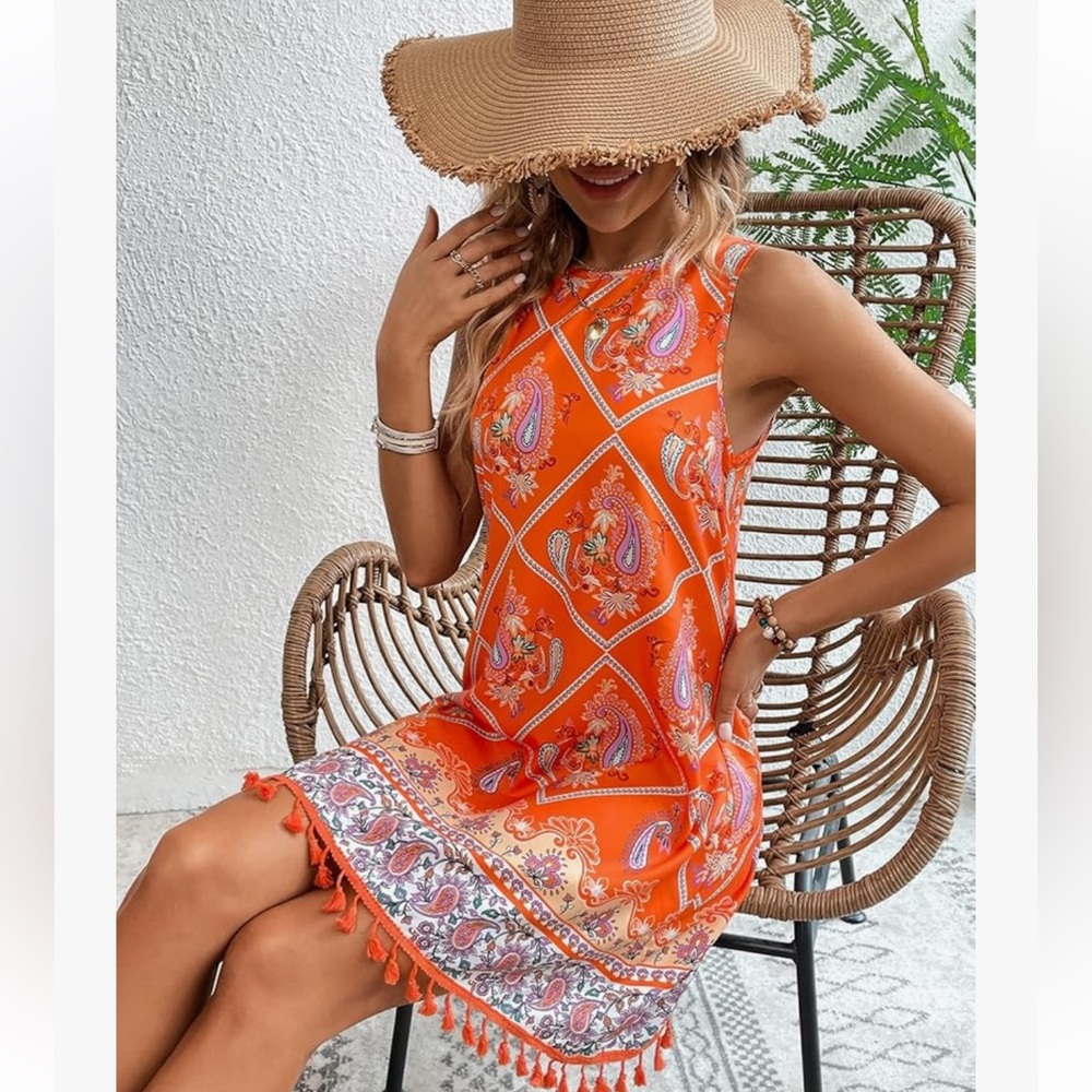 Vibrant Orange Paisley Mini Dress